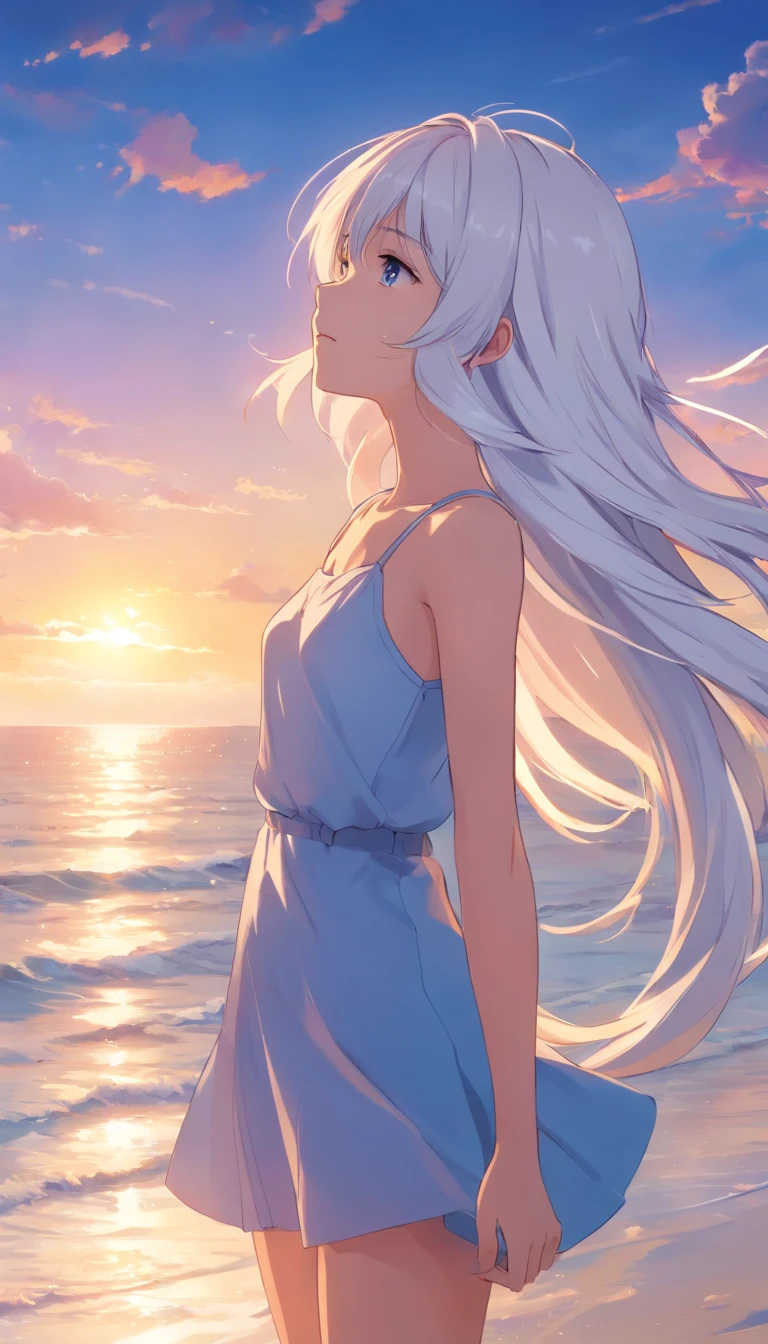 Beach,Look up,long white hair,Dark