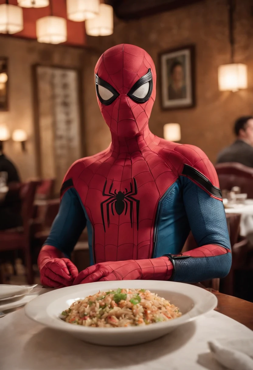 Cinematographer, ultra realista, Ropa detallada, Bellamente detallado, UHD, HDR, Altas Resoluciones, ultra detallado, Detalles intrincados, Efectos texturales, absurdos, obra maestra, 8k:1.2. En esta imagen, vemos a Spider-Man en un inusual descanso de sus actividades heroicas. He's standing in a chic Asian restaurant in his iconic costume..................
Spider-Man holds a bowl of Chinese fried rice mixed with oriental stir-fried noodles in his hands skillfully.., usando unos elegantes palillos chinos para llevar un bocado a su boca. The plate is full of fried rice, salteado. The restaurant is decorated with traditional Chinese elements, como linternas rojas colgando del techo y dragones dorados esculpidos en las paredes. The dim light of the lanterns creates a warm and welcoming atmosphere in the place.