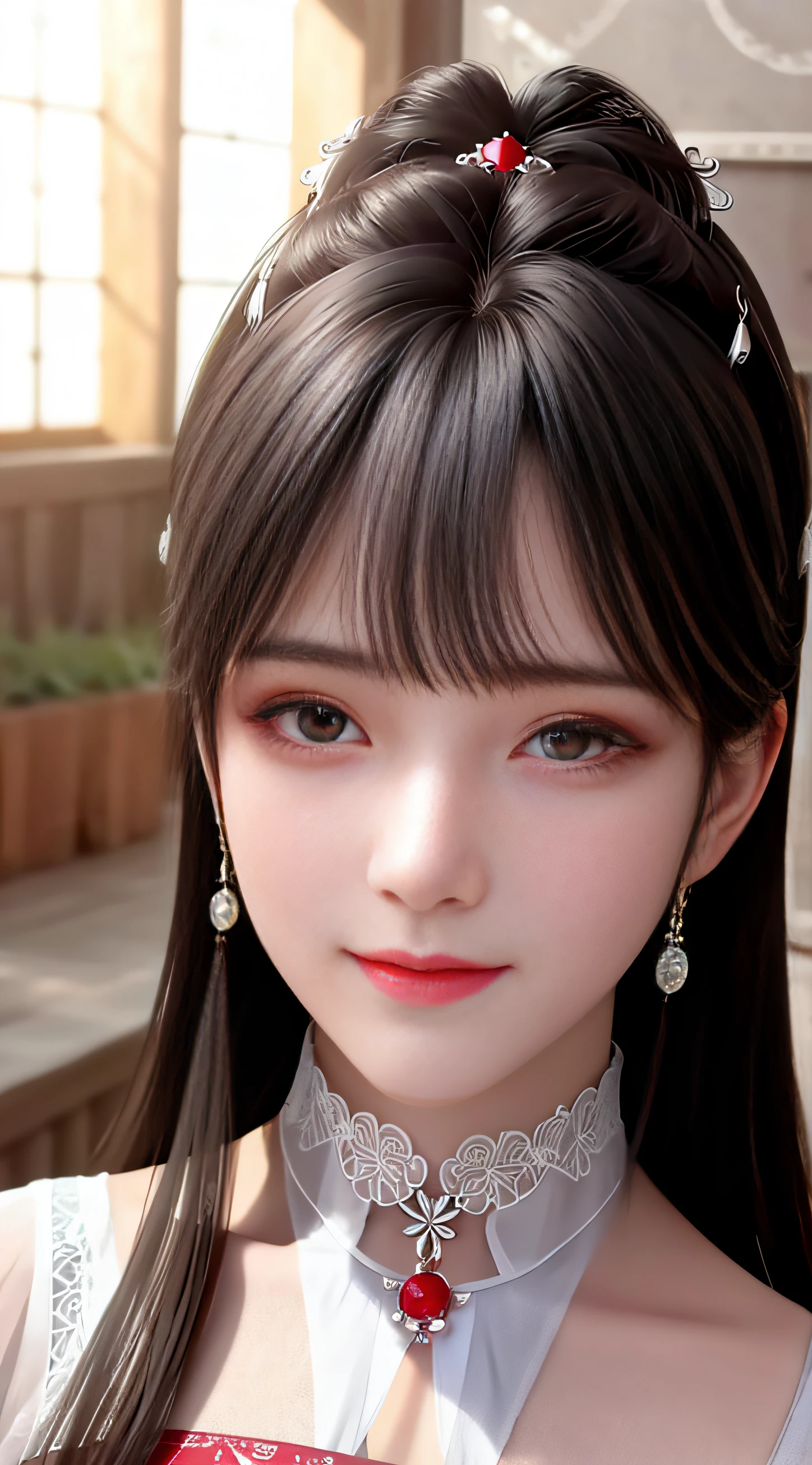 A close up of a woman with long hair wearing a red dress - SeaArt AI
