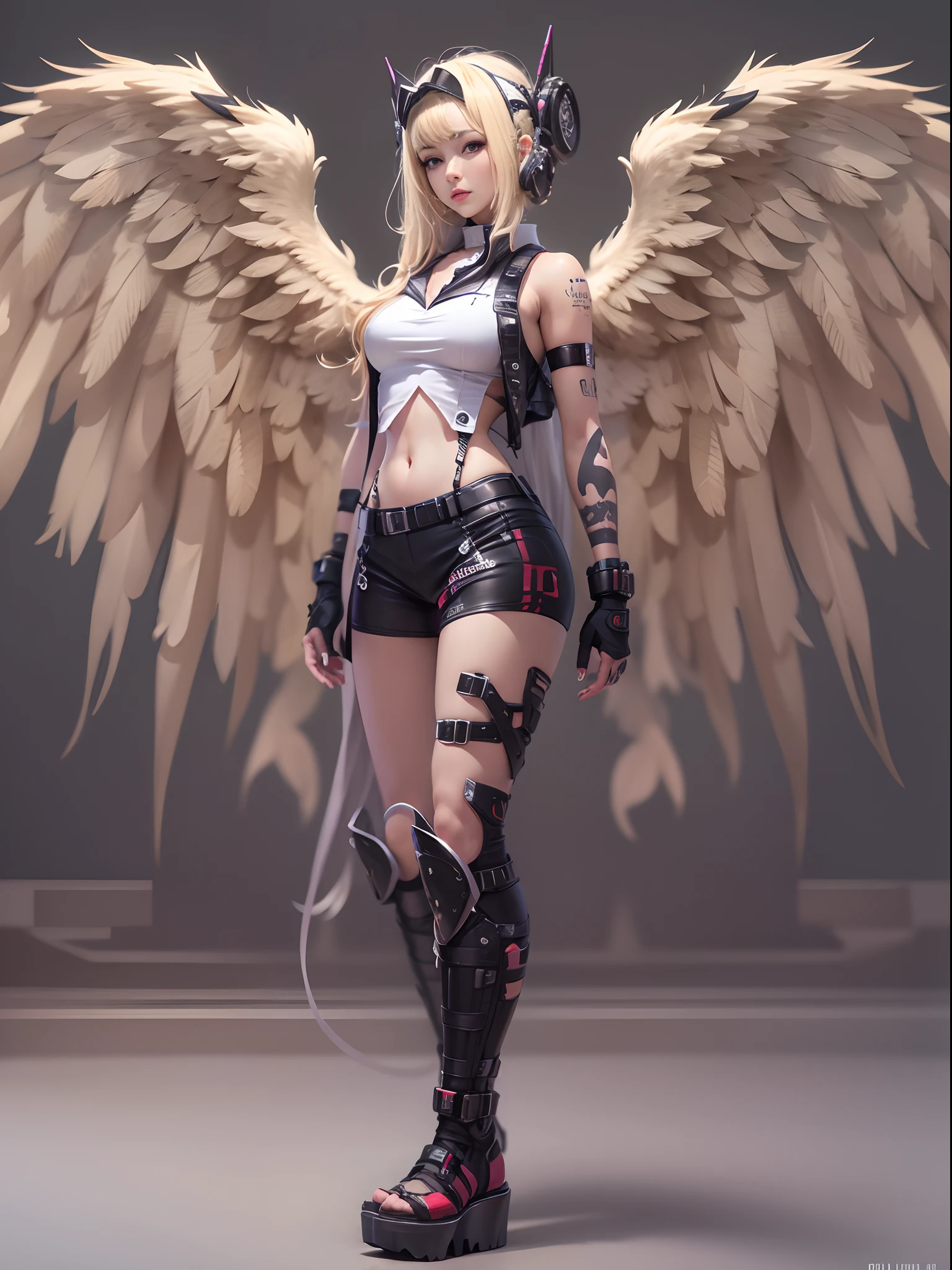 Fullbody angelic waifu laghateparth blonde waifu cybergoth platforms pose posture stunning poignant realistic realistic keerconjunction inger miya 소 ! , —ar 9:16 —stylize 1000 —upanime —v 5.2