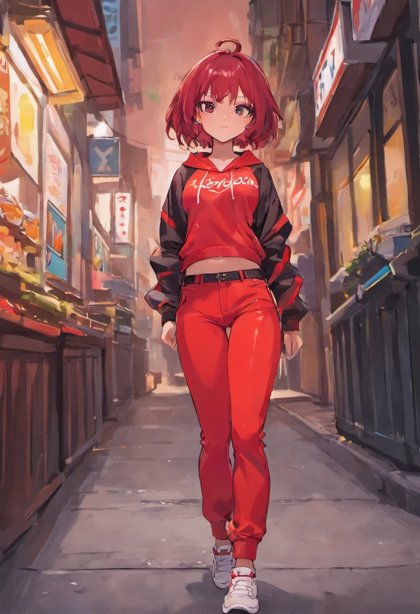 Beautiful Latina woman in sports red pants and red top standing on the sidewalk, usando regata vermelha, tanque vermelho, cintura fina, Midriff Nu, midriff exposto, usando um top cropped sexy, Encaixe figura delicada, usando uma roupa vermelha, red bra, tinyest midriff ever, roupas vermelhas, foto de modelo de slim