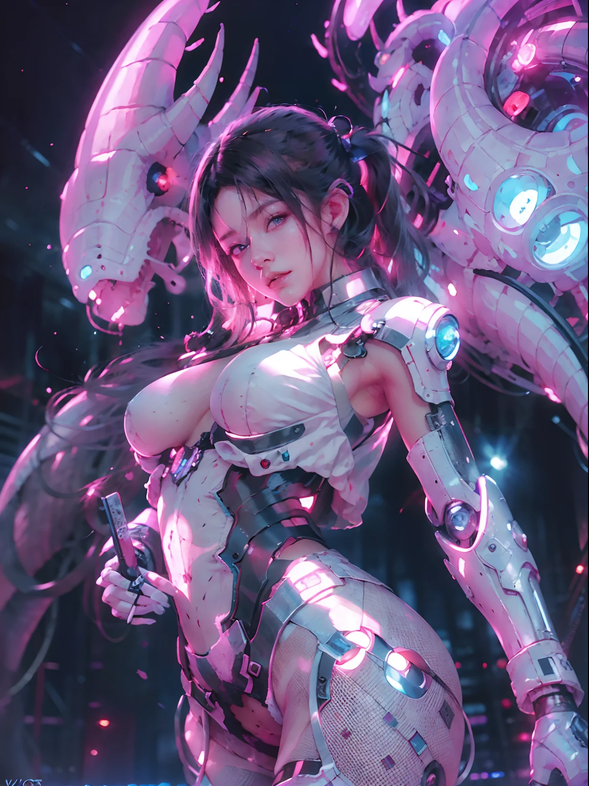 nsfw, 1girl, cyberpunk, robotic armor, (masterpiece: 1.4), (8K, realistic, raw photo, best quality: 1.4), nipple areola shape clear, nude, Japanese girl, beautiful cute face, (real face: 1.4), perfect pussy, beautiful hairstyle, realistic blue eyes, beautiful detail eyes, (real skin: 1.3), beautiful skin, attractive, ultra high resolution, ultra realistic, off-sheller, night view, shiny moon, burning city, post apocalyptic world, cinematic lighting, white colored hair, long hair, twin ponytails, blue ribbons, weapon in hands, alien spaceship, futuristic fantasy, riding robotic dragon, legs open, view from below, bottom view