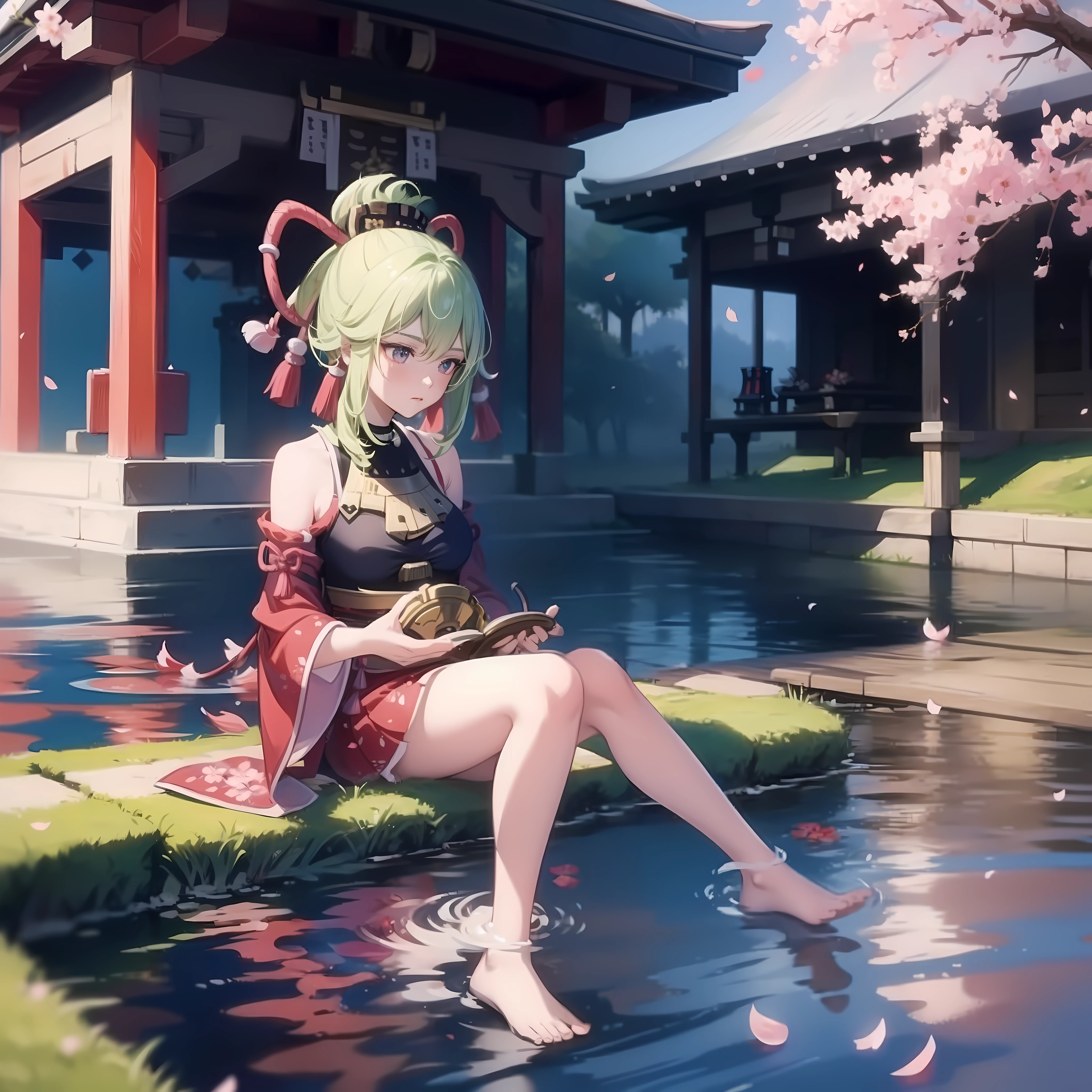 Anime girl sitting on a bench in front of a pond - SeaArt AI