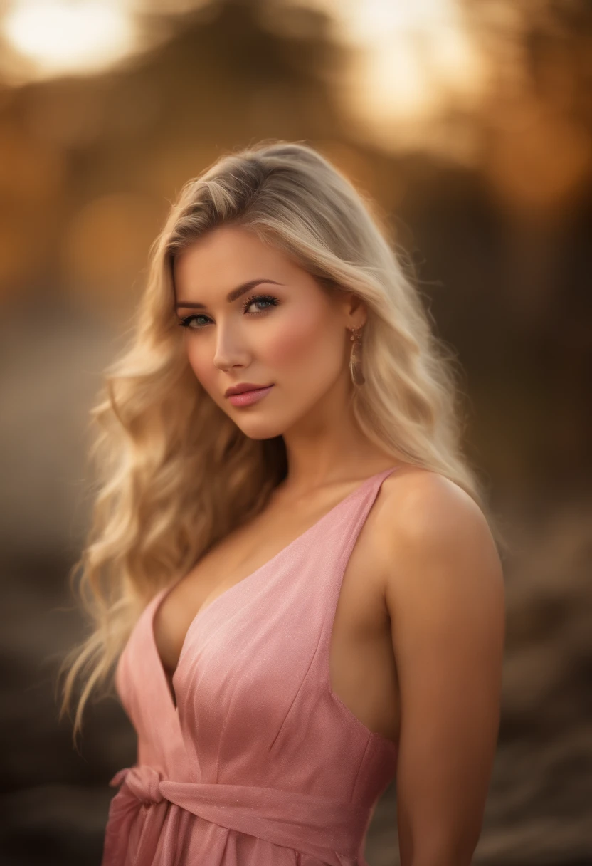 best quality, ultra high res, (photorealistic:1.4), RAW photo, (from side:0.7), (bokeh:1.5), (beach), (in suite:1.6), (exotic skin), (blonde long hair), big boobs, pink dress, japanese girl, cute, tattoed, glasses