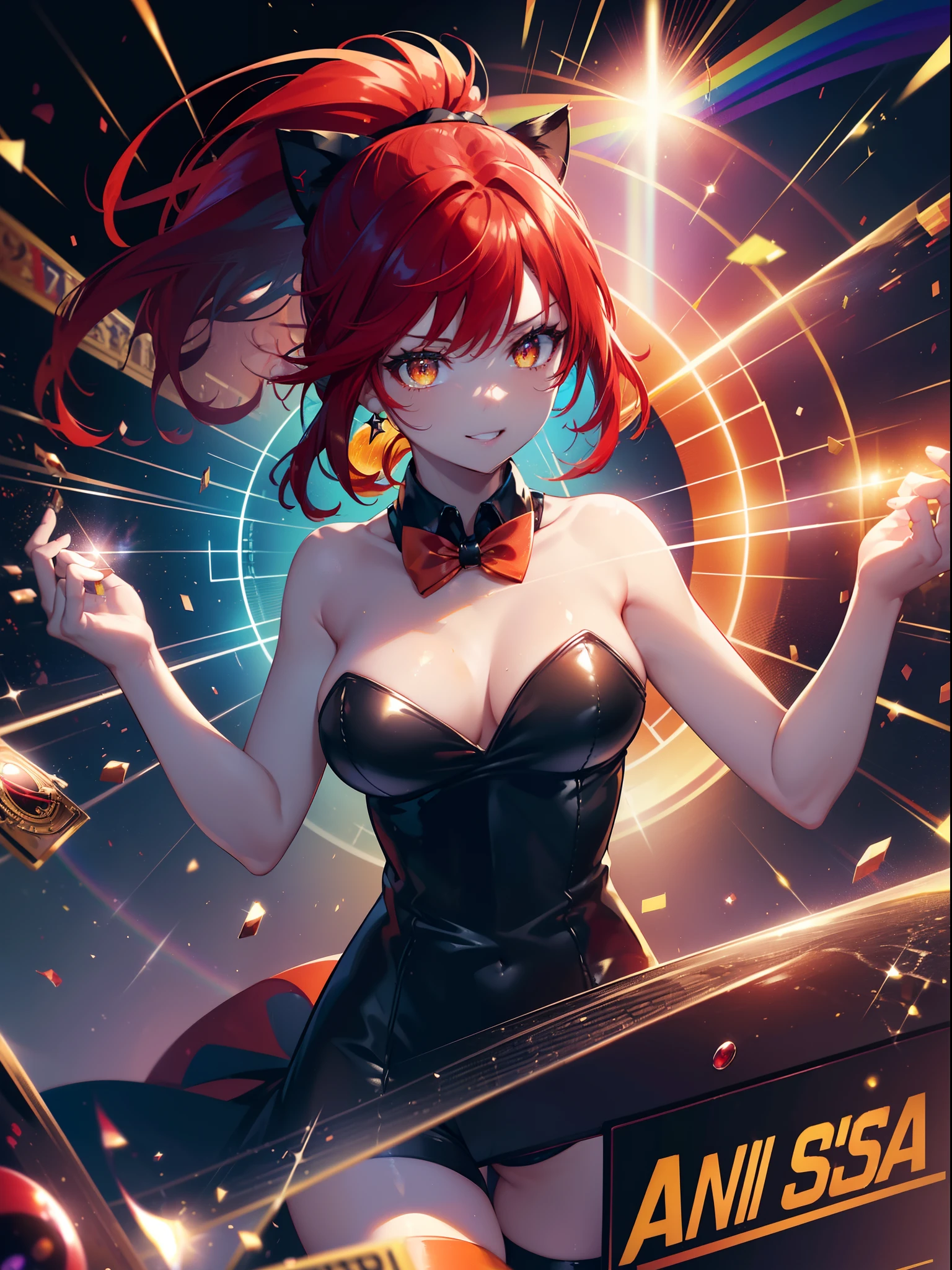 (Cat's ears:1.3),(Bright red hair ponytail with details:1.7),(Face Focus:1.3),(Slim Face:1.3), (The Perfect Casino Slot Machine:1.3),(Excited smile:1.3) ,(large full breasts:1.0),(Black Bunny Girl Suit:1.3),(big eye:1.3), (fishnet tights:1.2), (Exposing breasts:1.3), (Rabbit ears:1.3), (trump card:1.3),(slot machines,Lucky Seven:1.3),Manager's Dockpot,gold rush,Casino Poker,Casino Roulette,reason,Neon Beam,Canon 5D, 85 mm, depth of fields, 8K, ultra sharpness, nffsw, octane, Unreal, Dramatic light, Global Illumination,Motion Picture Film,rainbow,lensflare,(Orange Eyes:1.3),extremely detailed eye,(Star Rainbow Art:1.3),(Rainbow Medal:1.3),(Agfacolor:1.3),(close portrait:1.3),(Feminine:1.4),(Beautiful:1.4),(Attractive:1.3),Move an angle,perfectly detailed eyes,Themed Background,