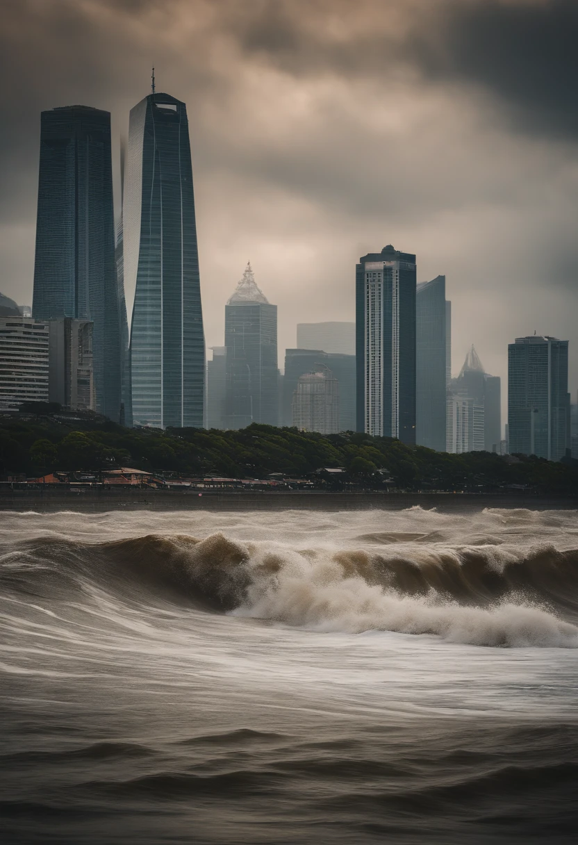 tidal waves,Armageddon,Greatwave,废墟,The run-down city creates a cinematic cityscape,A towering tsunami pounds the city's skyline. The lens should capture the absolute power and destructive power of the wave, The building in the foreground is partially submerged, debris flying, and the feeling that disaster is imminent. Long lens camera angle with EE 70mm lens on the Nikon D850, Aim for high resolution, Photorealistic rendering. Ensure that the scene is highly detailed, With HDR lighting, And convey a sense of urgency and confusion.