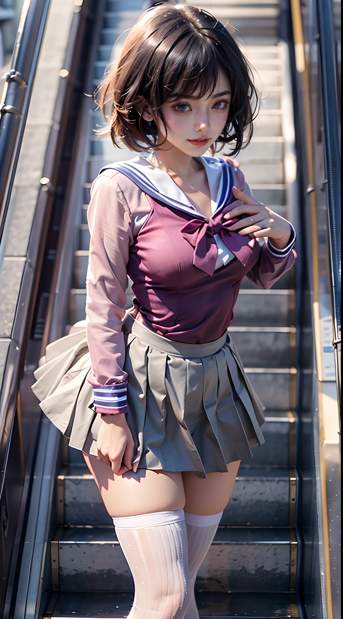 (The FW), 1womanl, Solo, 24 year old, (cute face), (Ideal ratio body proportions), ((a sailor suit, Over-the-knee skirt)), ((Costumes must be worn)), Skirt lifted by the wind, Pink Full Back Panties, panties focus, Long escalator, ((((Super close-up of buttocks)))), (((Point your butt at the camera))), stick out buttocks, Emphasize ass, Smiling smile, short-hair, Dark hair, small tits, A slender, Small buttocks, Skinny Legs, surrealism, Cinematic lighting, depth of fields, One-person viewpoint, F/1.8, 135 mm, nffsw, masutepiece, ccurate, Anatomically correct, Textured skin, Super Detail, high details, High quality, awardwinning, Best Quality, hight resolution, 8K