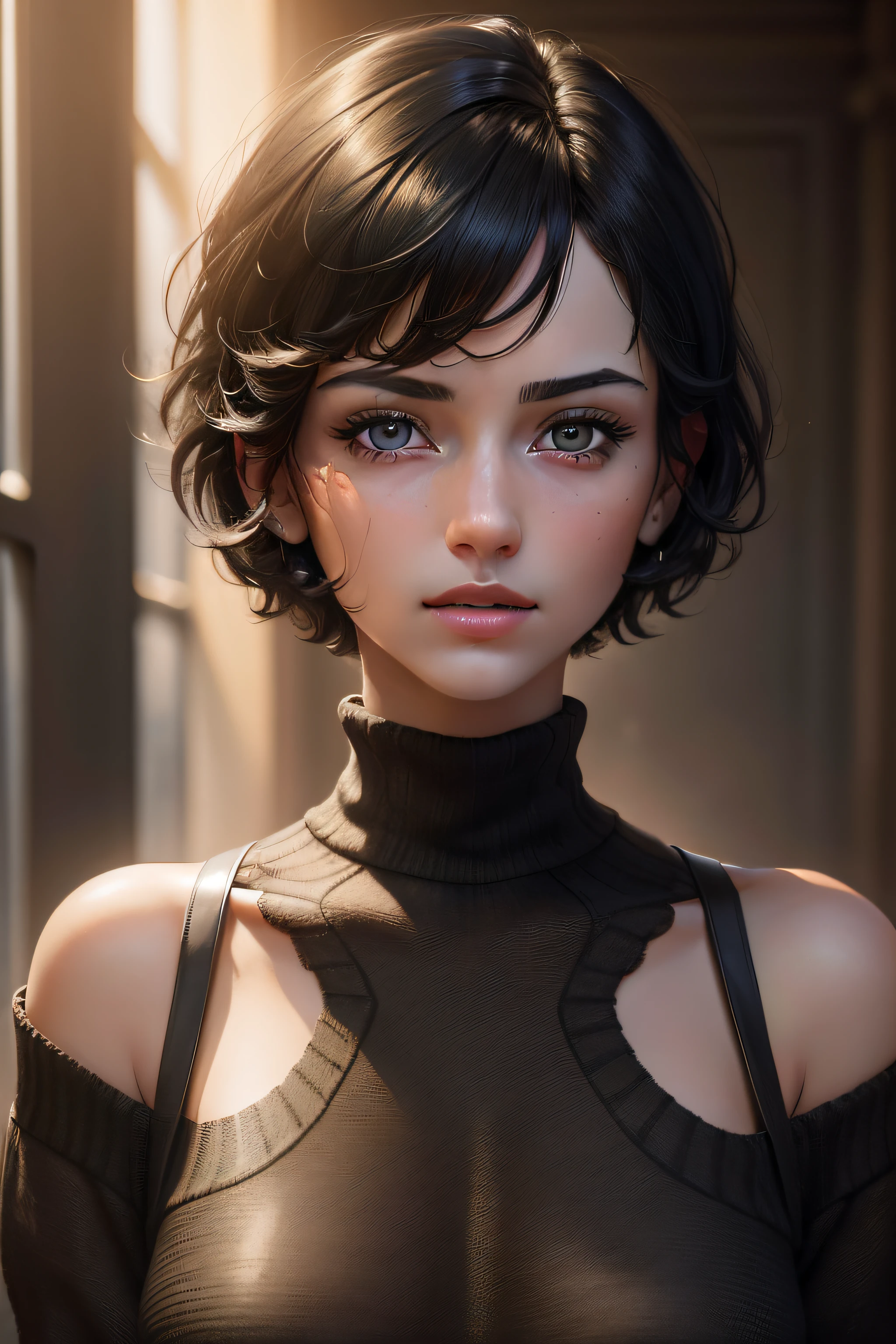 (masterpiece:1.3), (8k, photorealistic, RAW photo, best quality: 1.4), (1girl), beautiful face, (realistic face), (black hair, short hair:1.3), beautiful hairstyle, realistic eyes, beautiful detailed eyes, (realistic skin), beautiful skin, (sweater), absurdres, attractive, ultra high res, ultra realistic, highly detailed, golden ratio