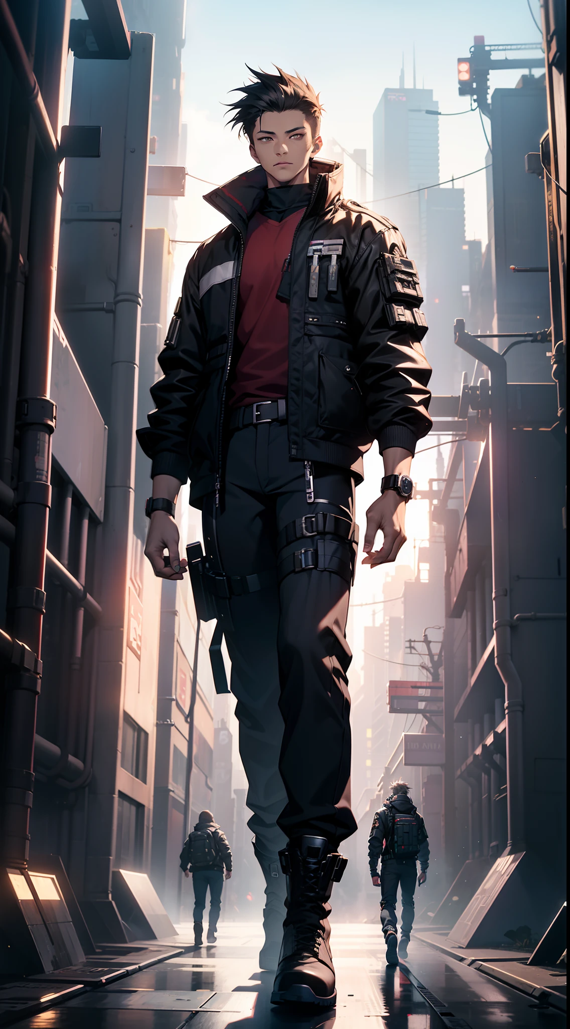 (((high detail))), best quality, 1 man, young man, vtuber model, vtuber, standing straight, facing front, black pants, cyber punk pants, boots, cyberpunk boots, waist to feet only, waist to down shot