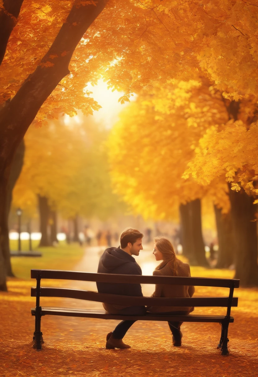 (best quality,ultra-detailed,photorealistic),A couple in love in the park,falling leaves,autumn colors,peaceful atmosphere,soft sunlight,romantic atmosphere,outdoor scenery,natural beauty,lush greenery,park bench,holding hands,smiling faces,blissful expressions,tender moments,gentle breeze,whispering trees,rustling leaves,playful squirrels and birds chirping,relaxing ambience,calm and serene,joy and happiness,love and affection,perfect harmony,loving gaze,kisses and embraces,forever together,eternal love.