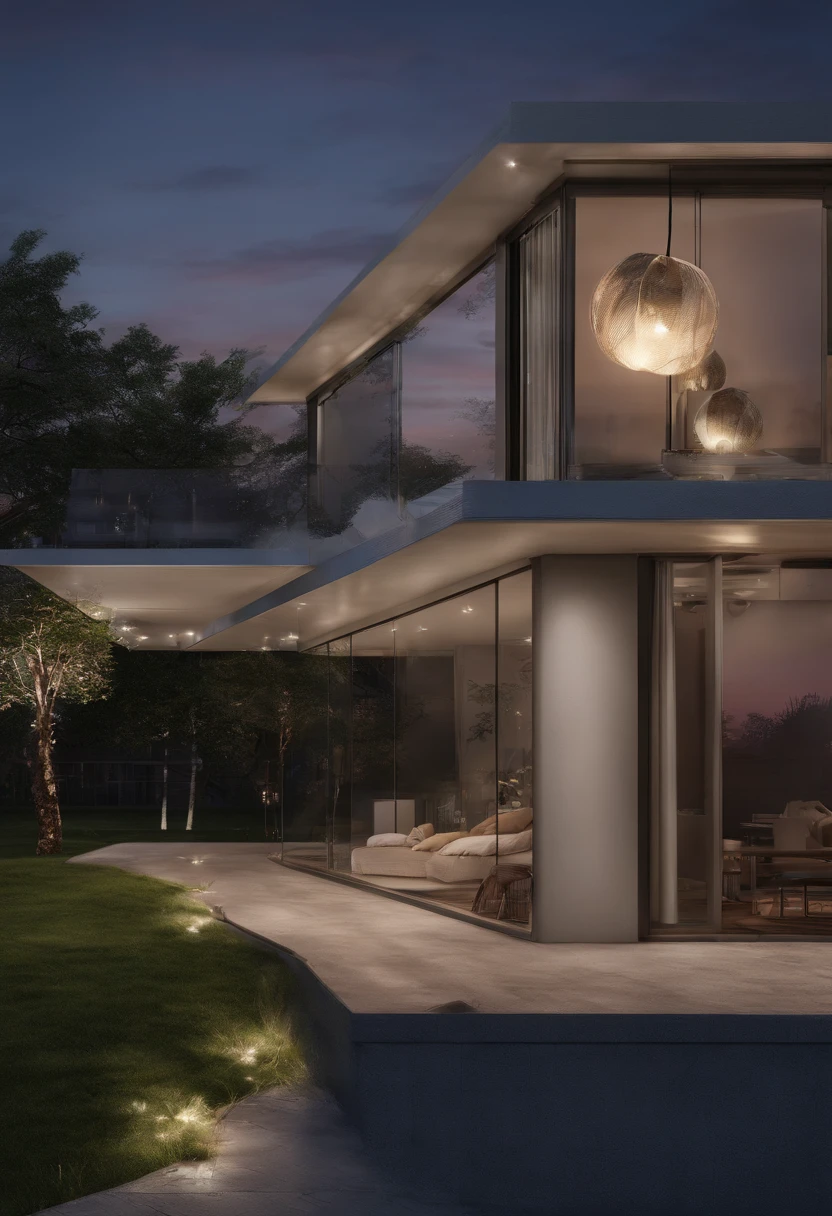 Three outdoor spherical lights sit on the balcony in the evening,The background is the evening sky,The vista is a modern minimalist house