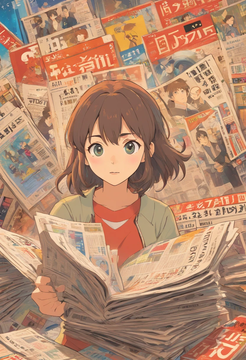 of chaotic newspapers and magazines representing sources of information. The background could feature semi-transparent binary codes to signify the digital information age.