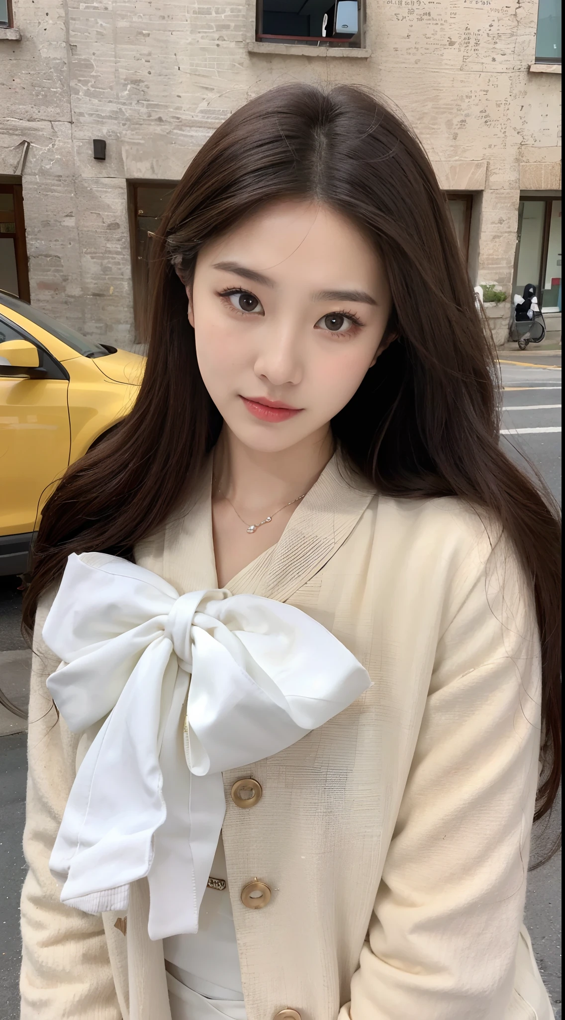 Close-up of an Arakfi woman in a white jacket, ulzzangs, Gorgeous young Korean woman, korean women's fashion model, Beautiful young Korean woman, Korean girl, beautiful Korean women, bowknot, bae suzy, tzuyu from twice, smooth white tight clothes suit, wan adorable korean face, Shin Jinying, white hime cut hairstyle