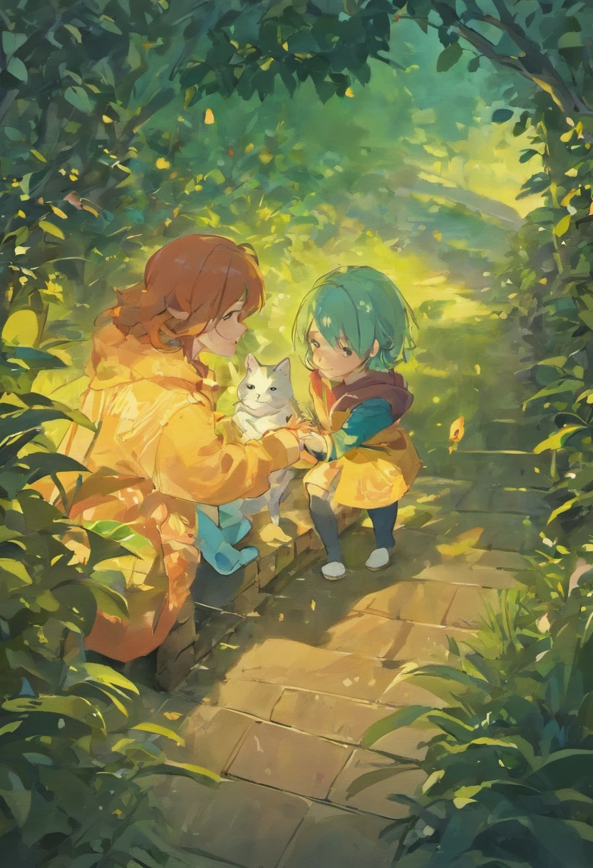 Two children playing with a cat in the backyard, children's book illustrations, children's book illustrations, children's book illustrations, children's book illustrations, children's book illustrations, children's book illustrations, cute storybook illustration, children illustration, storybook illustrations, Children's illustration, Storybook illustration, colorful kids book illustration, storybook illustrations, KIDS ILLUSTRATION