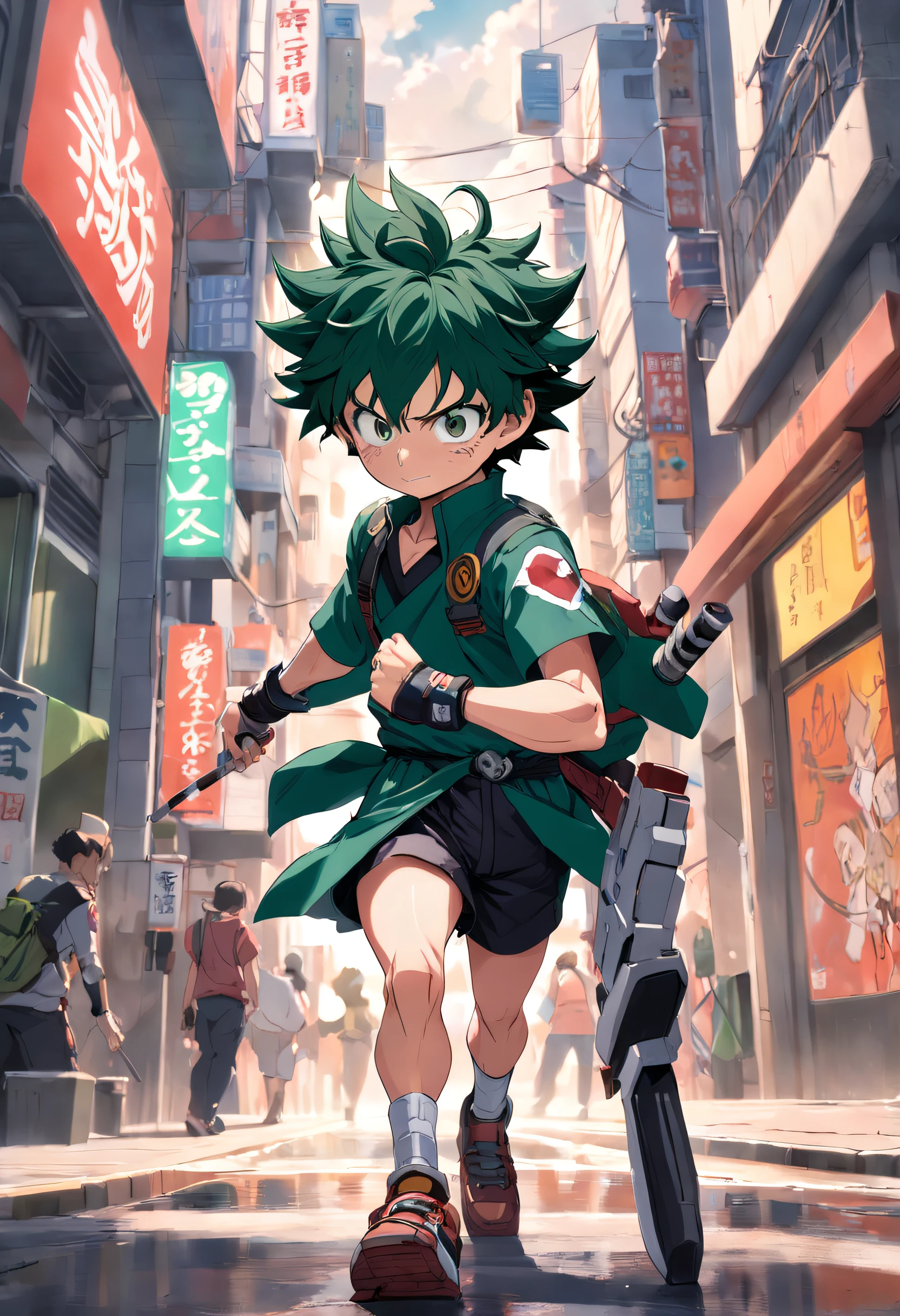 Combina Deku y tanjiro en un solo personaje poderoso caminando mirando a camara poco musculosos y con espadas en la cintura