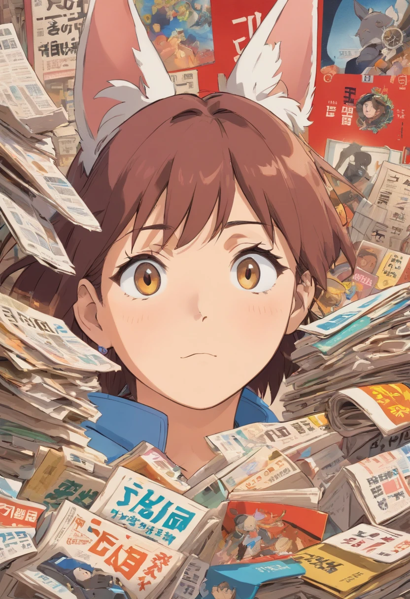 An enlarged ear symbolizing listening and acquiring information, surrounded by a pile of chaotic newspapers and magazines representing sources of information. The background could feature semi-transparent binary codes to signify the digital information age.
