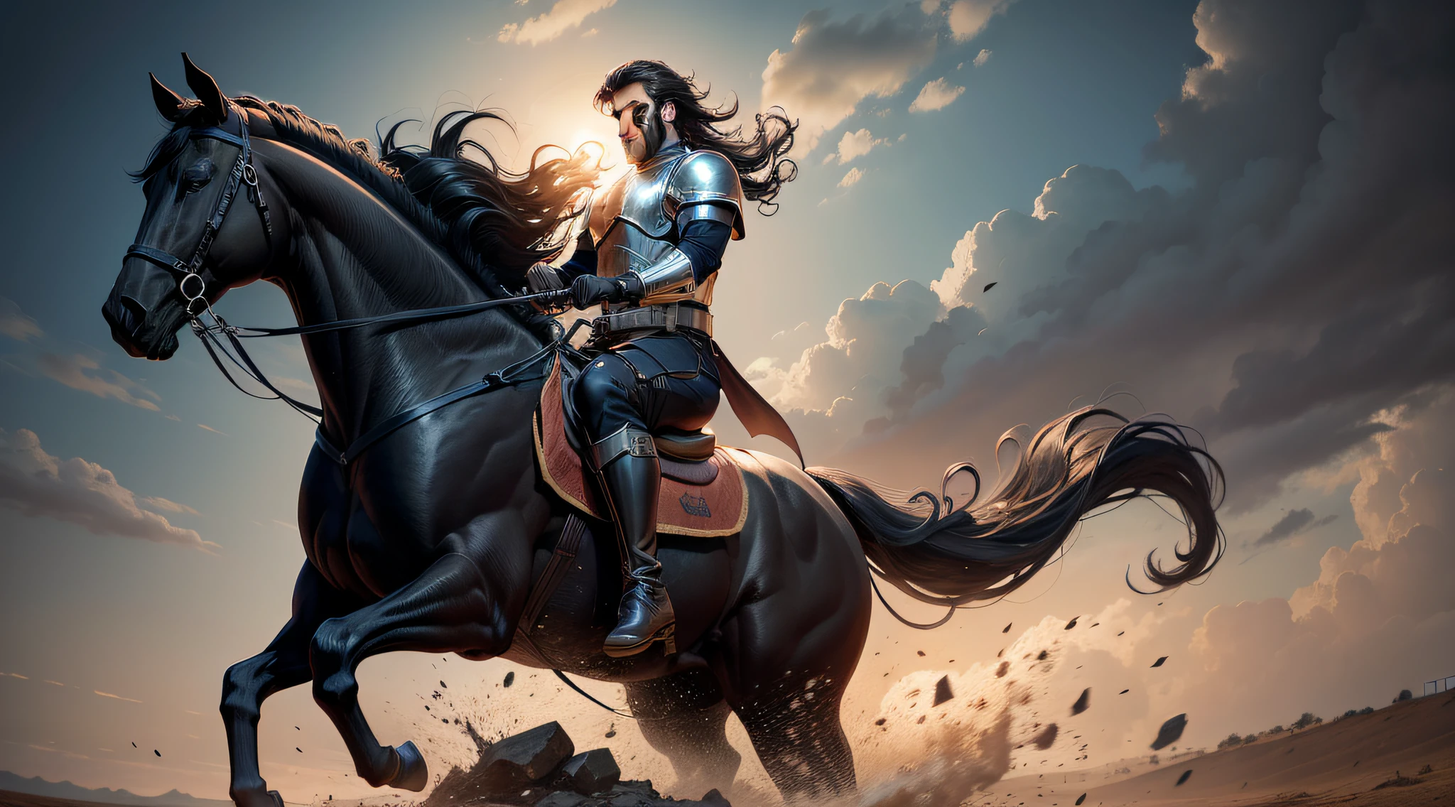 um cavaleiro negro medieval, with his imposing black horse riding across the plain, biblico, historias biblicas