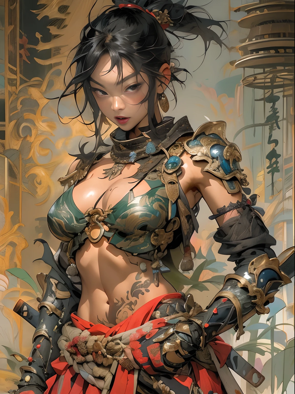 (((woman))), (((best qualityer))), (((tmasterpiece))), (((AS-Adult))), ((( Japanese ))), Look up from your knees, A beautiful asian samurai woman with perfect body, Modern samurai, ((( Asian))), Wear gloves on your hands,The left arm is made of steel and metal tips,Made of protective devices, The eyes are pulled, (( Appears below the breast )), (( Small dental floss )), Simon Bisley, Almost naked(Simon Bisley)Castle City Wilderness,For high-resolution posters, hair straight, Minimum clothing, armure (Crazy clothes ), Full of tips and rivets, tribal tattoos, (((full bodyesbian))), Straight brunette hair,Colored hair ends