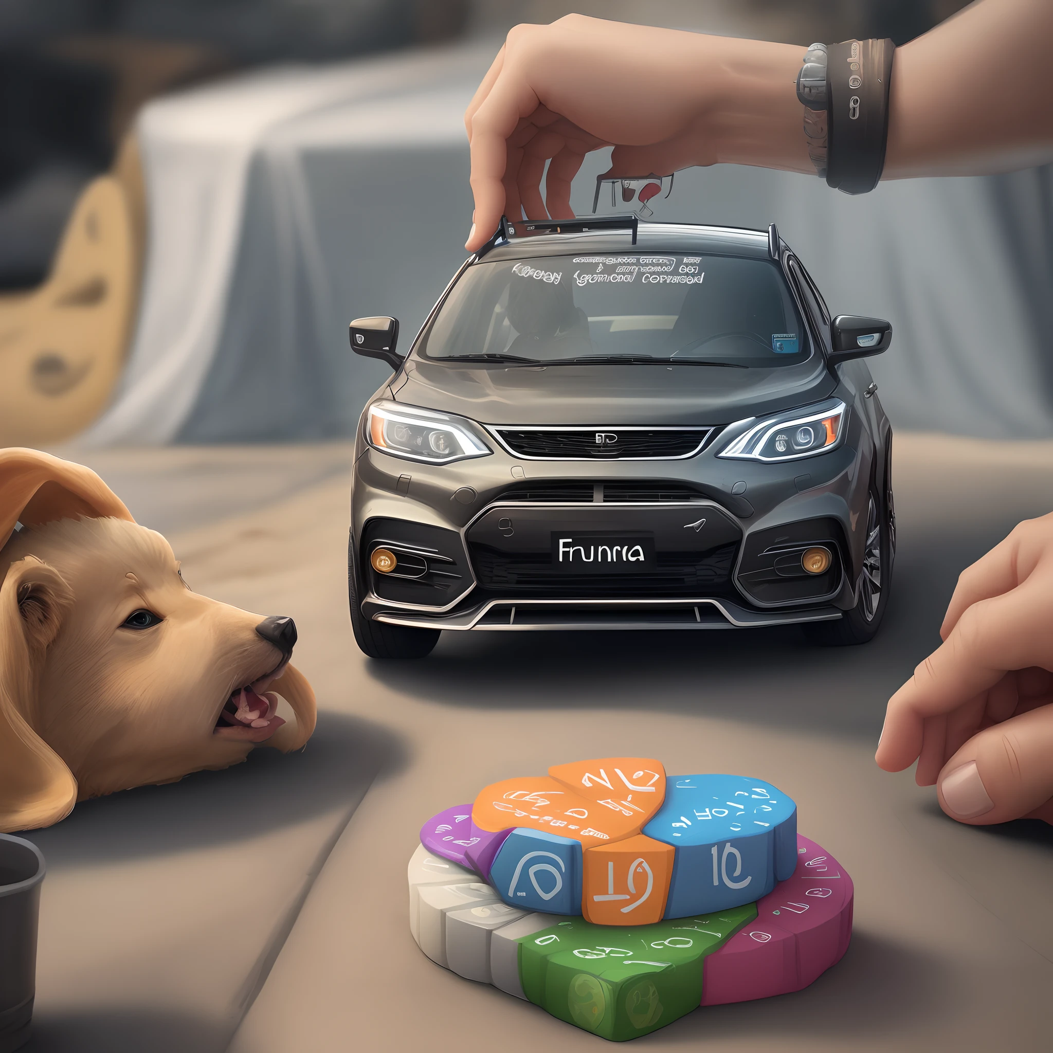 Uma logomarca para o nome DNA da fortuna, contendo dinheiro, e carros