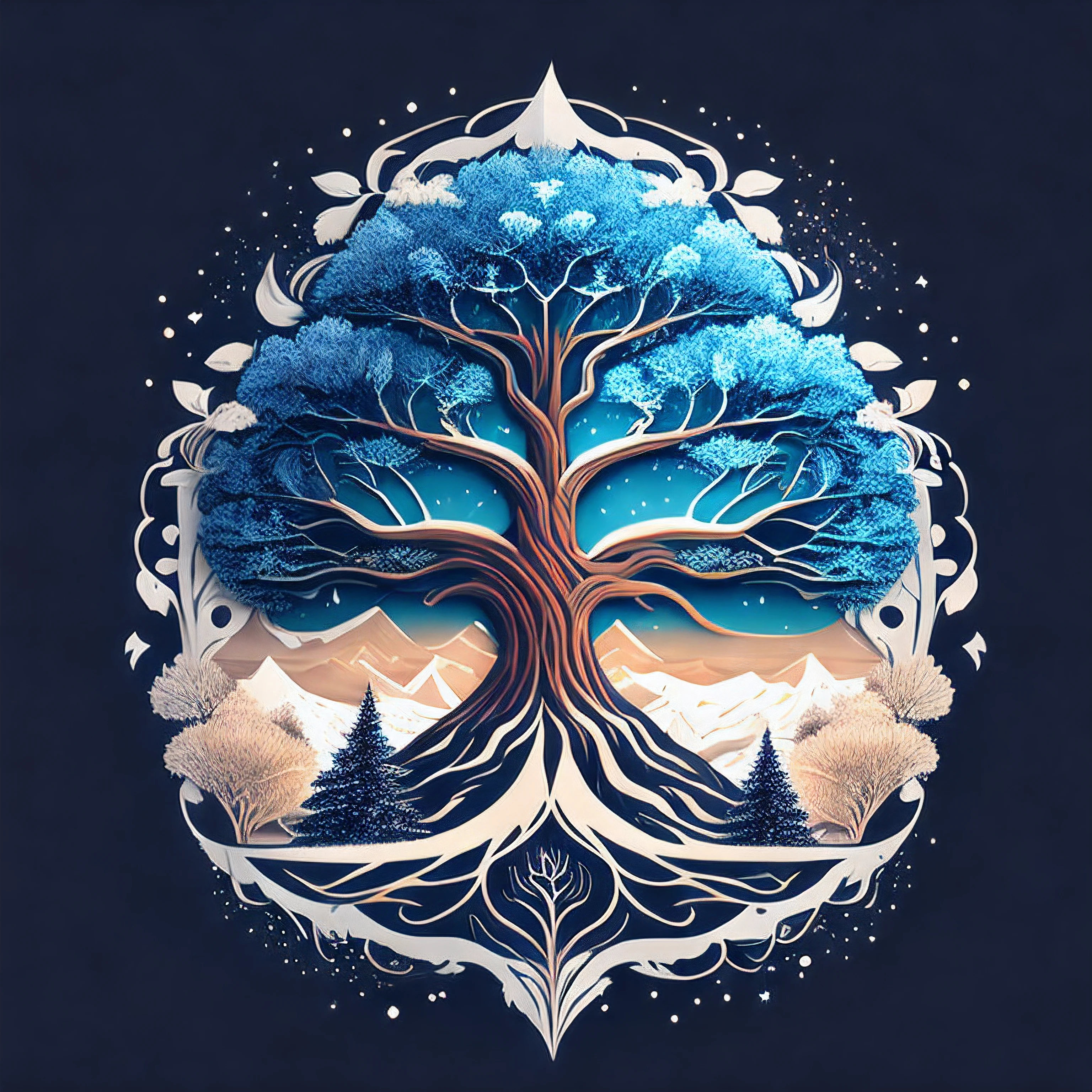 a spruice Yggdrasil tree in a winter landscape, tshirt design, vector-art