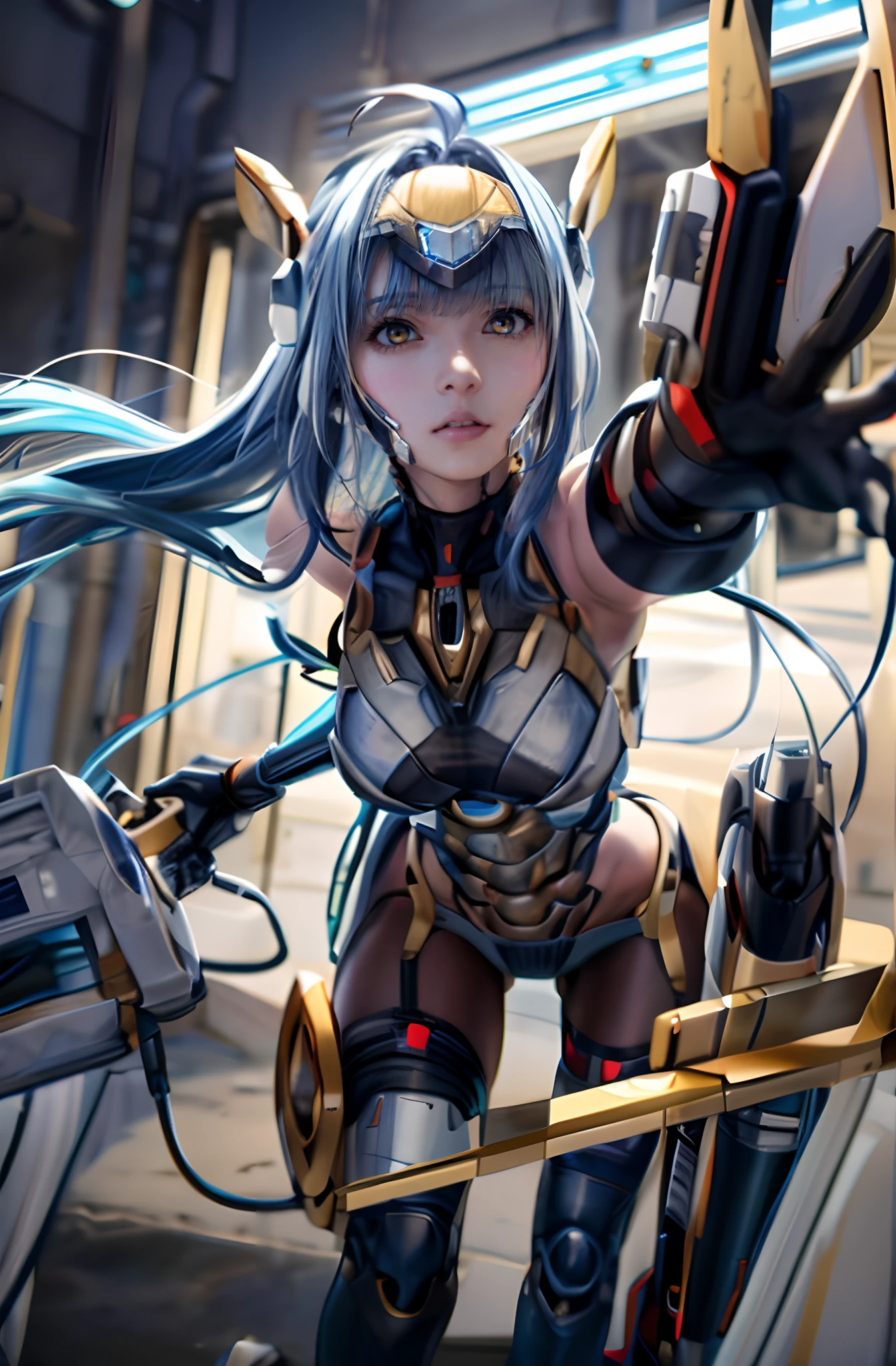top-quality、masterpiece、超A high resolution、(Photorealsitic:1.4)、1人、Light blue hair、Straight hair, shiny and clean hair、White shiny skin、Sexy Cyberpunk Girl、((super realistic details))、Shadow、octan render、ultrasharp、hyperdetailed face、Fiberglass、Luminous tube、highly intricate detail、Realistic light、CGSoation Trends、((Golden Eyes))、(Facing the camera)、neon details、Mechanical limbs、Mechanical vertebrae attached to the back、mechanical cervical attaching to neck、Wires and cables connecting to the head、((valkyrie))、((Beam Cannon))、Combat stance