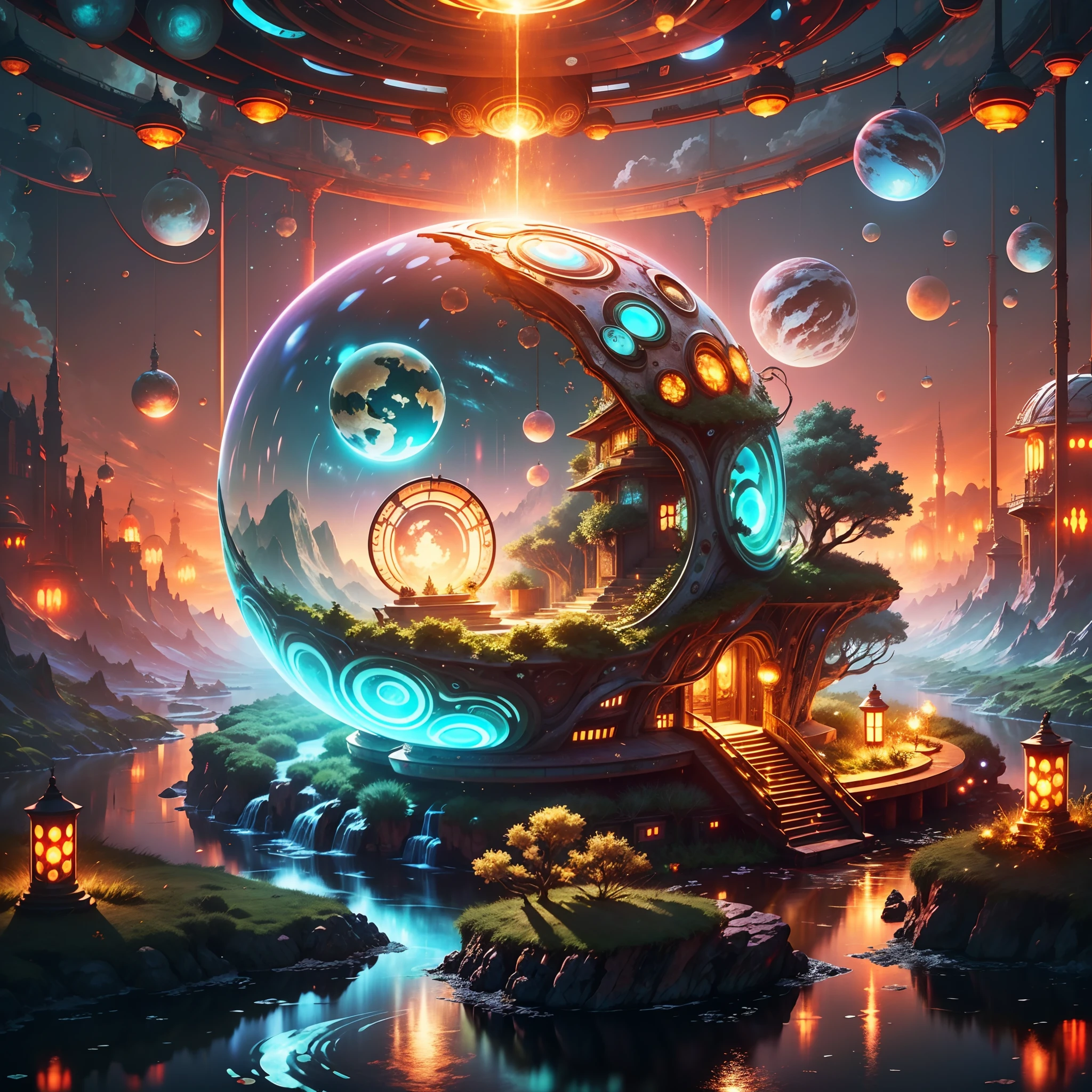 The place is huge, A transparent sphere suspended in space. It's not just huge,And mysterious and breathtakingly beautiful。. Outer space, and its nebulae and galaxies, Project spectacular scenes onto the transparent walls of the sphere, Create a magnificent cosmic tapestry.
Inside the sphere, There is a wonderful ecosystem,Colorful vegetation covers the interior, Formation of forests, rivers, and mountains. The air is fresh and fresh, Similar to an eternal spring. The sphere has a unique light source that mimics the changes of sunrise, Sunset, and Starry Night, Provide residents with a diverse time experience.
People live in transparent structures that blend seamlessly with natural elements, Features a spacious balcony and floating garden. Staying here felt like staying in paradise.
In this sci-fi world, Man and nature live in harmony, A place where technology and ecology meet. Residents can explore unknown biodiversity in huge areas, As well as enjoying feasts and concerts under the stars. This worldview is full of wonder and adventure, Make every day a journey to explore the unknown.