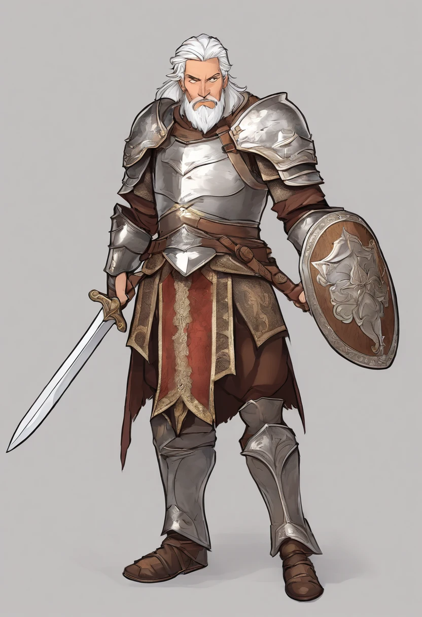 a character sheet of a Tall, muscular human male paladin with silver hair in a ponytail, wears in silver heavy armor with long sword and sheild, but with four different and distinct facial expressions of the same character: like joy or shy, in style of holy and bright