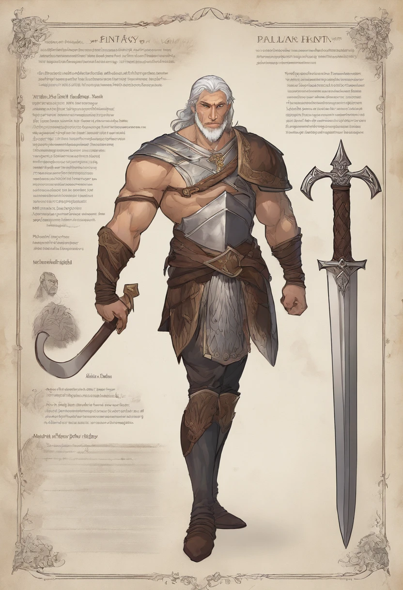 a character sheet of a Tall, muscular human male paladin with silver hair in a ponytail, wears in silver heavy armor with long sword and sheild, but with four different and distinct facial expressions of the same character: like joy or shy, in style of holy and bright