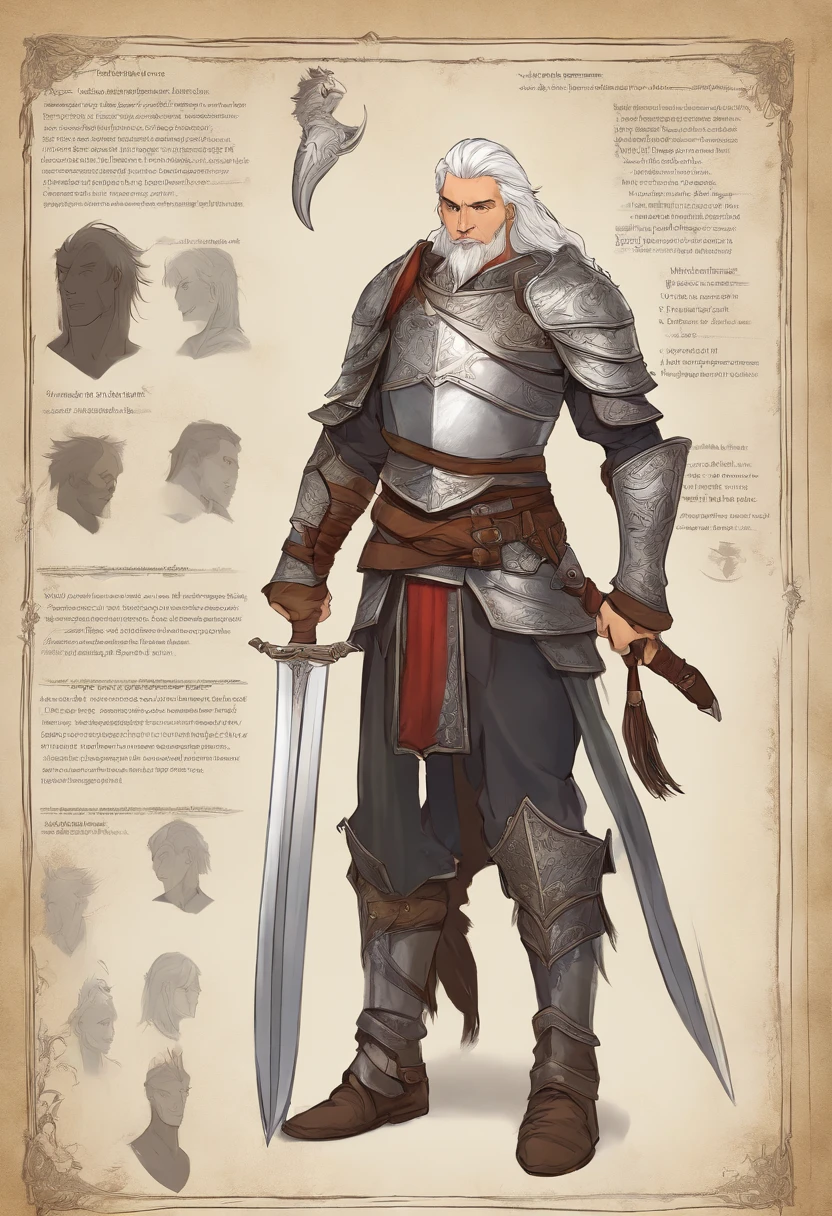 a character sheet of a Tall, muscular human male paladin with silver hair in a ponytail, wears in silver heavy armor with long sword and sheild, but with four different and distinct facial expressions of the same character: like joy or shy, in style of holy and bright