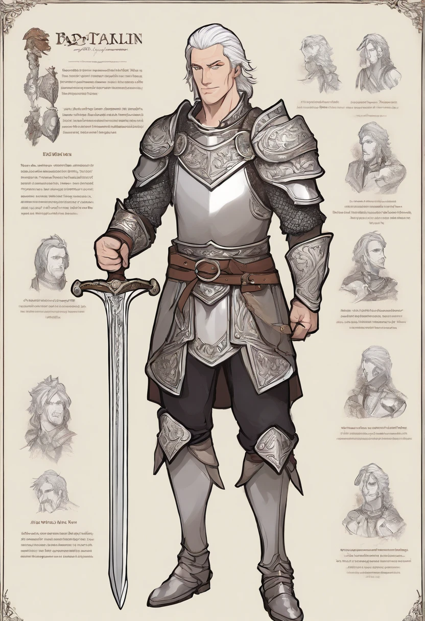 a character sheet of a Tall, muscular human male paladin with silver hair in a ponytail, wears in silver heavy armor with long sword and sheild, but with four different and distinct facial expressions of the same character: like joy or shy, in style of holy and bright