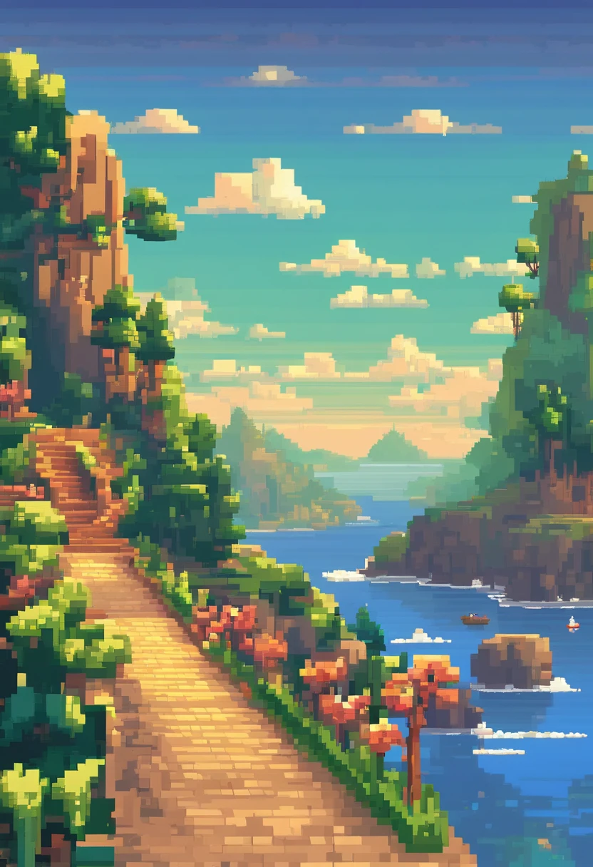 Pixel art tourist landscape. evening. 3D pixel art 4K wallpaper. Incredible pixel art details. Pixel art. steam wave. Detailed Unreal Engine pixel art