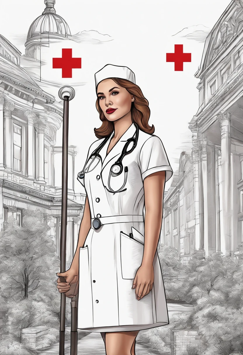 Nurse cap medical drawing,medical illustration,Medical supplies, hospital in background, Highly detailed illustration, Red Cross art illustration,Sketch illustration