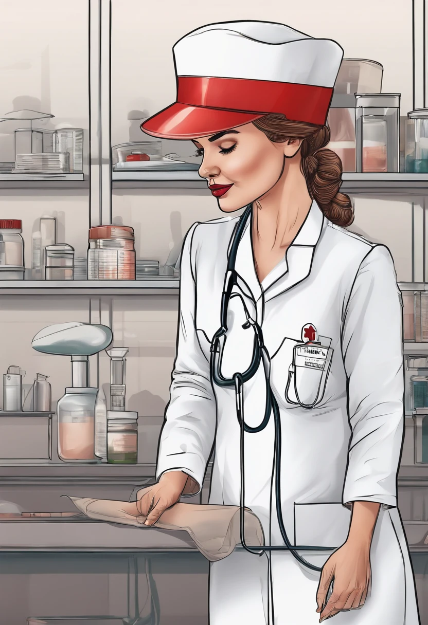 Nurse cap medical drawing,medical illustration，Medical supplies, hospital in background, Highly detailed illustration, Red Cross art illustration,Sketch illustration