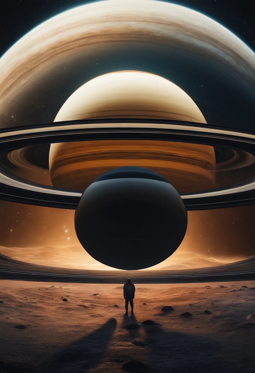 ((Masterpiece))，(Best quality))，Magnificent space image scene，Interstellar，Planet Saturn , planet with rings, astronomy, space ship，Tech Style