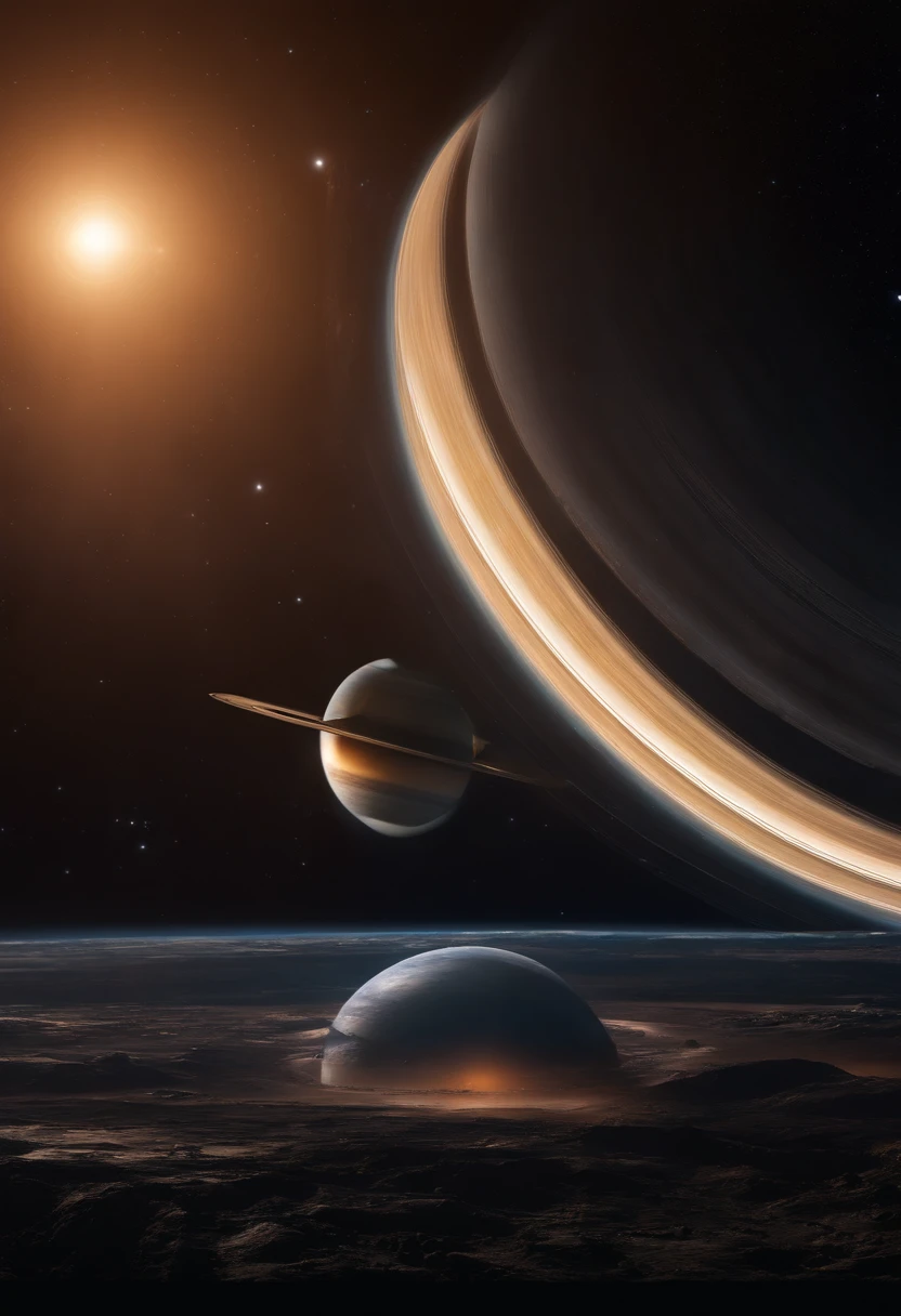 ((Masterpiece)),(Best quality)),Magnificent space image scene,Interstellar,Planet Saturn , planet with rings, astronomy, space ship,Tech Style