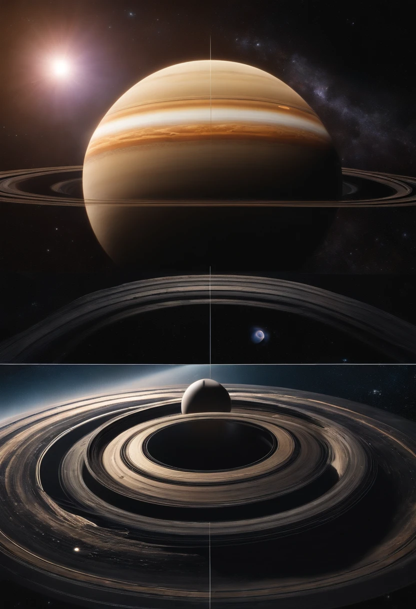 ((Masterpiece))，(Best quality))，Magnificent space image scene，Interstellar，Planet Saturn , planet with rings, astronomy, space ship，Tech Style