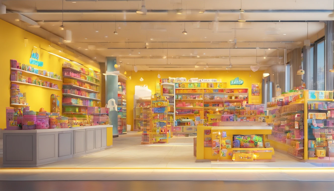 A toy store in the mall,Yellow border,Open plan decoration design,a 3D render,Best quality