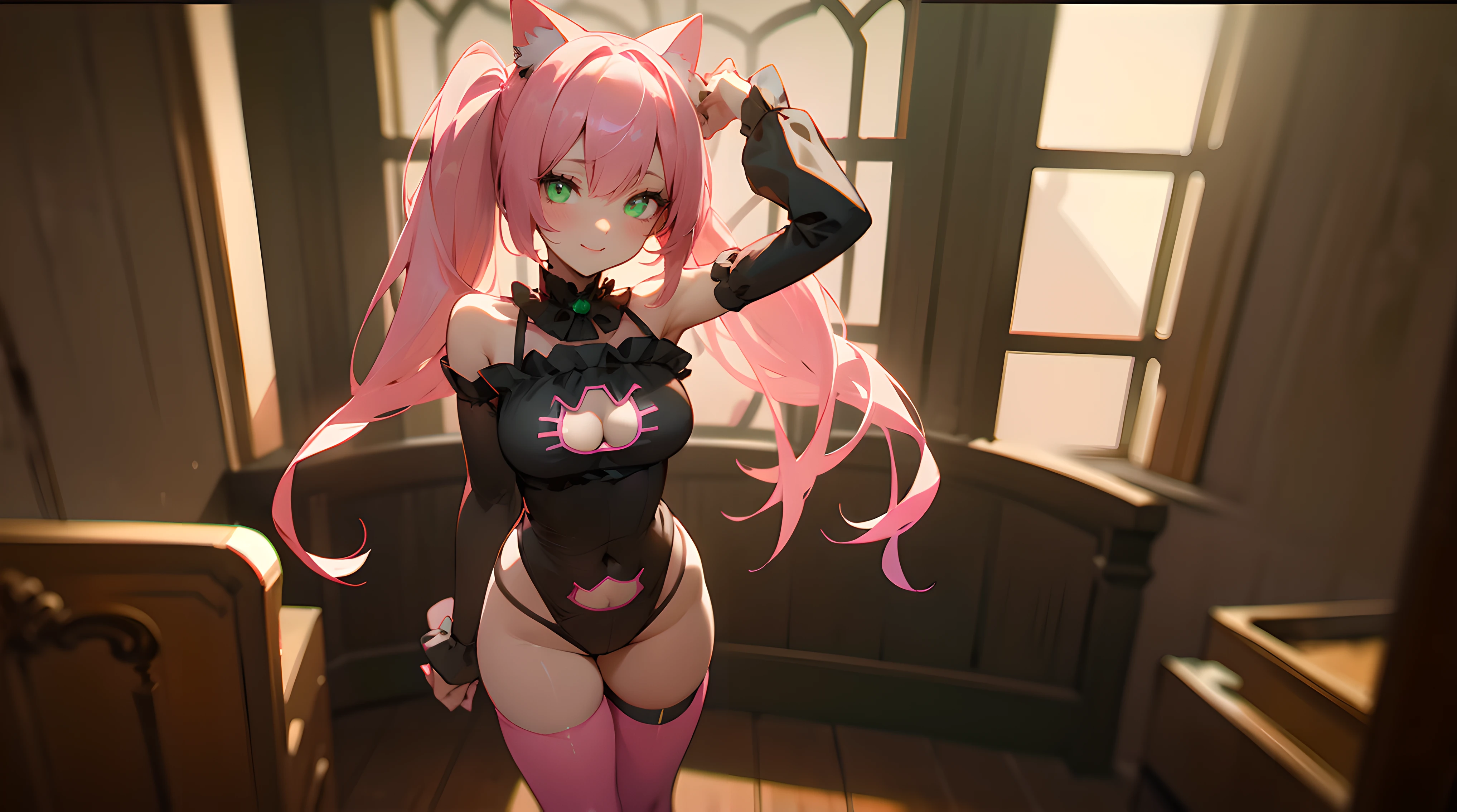 (best quality,8k,highres,masterpiece:1.2),ultra-detailed, solo, edgQuality, hourglass shaped girl, long hair, pink hair, bangs, twintails, (glowing eyes), (green eyes), pink lingerie, legwear, arm sleeves, (wearing edgcatlingerie), cat cutout, cleavage cutout, (standing, arms up, hands in hair), bedroom scene, seductive gaze, seductive smile, (backlight, softlight).