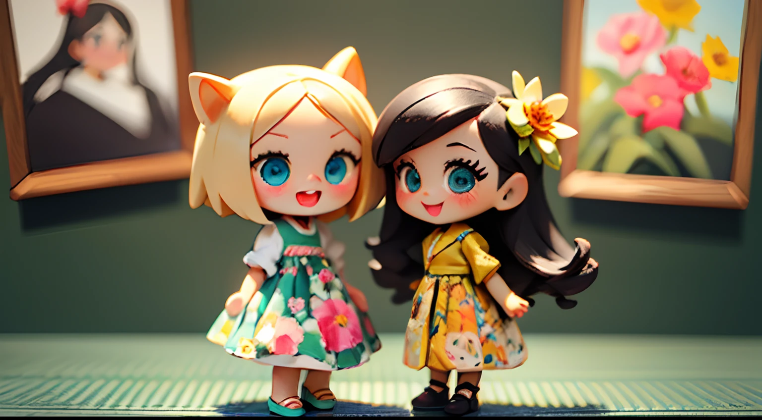 photoRealstic、Two dolls standing in front of the painting(nendroid)、Open mouth and big smile、Water droplets on the cheeks、Two people put their hands together to make a heart in a cute pose、watercolor Nendoroid、(High Definition Figure)、Flowing iridescent silk、up of face、Eye Up、Colorcon with heart pattern、Floral dress、There are also flowers in front of the nendroids、flower petals、season!!: 夏天☀ 🍂