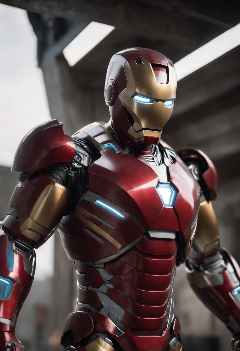 (best quality,ultra-detailed),Iron Man, cute boy with realistic features, dynamic pose, vibrant colors, comic book style, glowing arc reactor, detailed armor design, intense red and gold color scheme, action-packed background, sci-fi lighting, powerful superhero presence