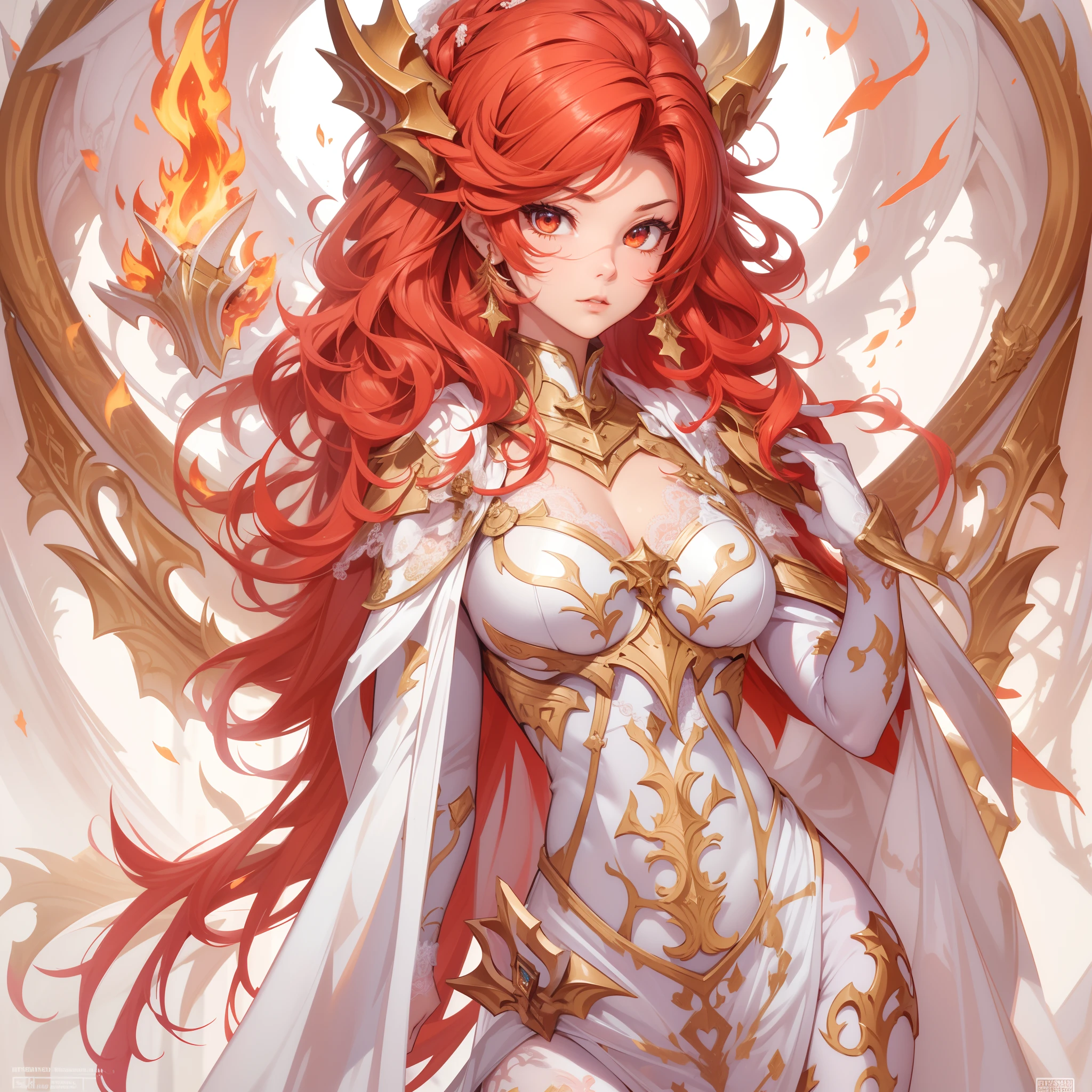 Masterpiece, Highest quality, Detailed face, CharacterDesignSheet，perfectly proportions，full bodyesbian，Full of details, Multiple poses and expressions, Highly detailed, Beautiful paladin girl，red tinted hair，Dragon's horn，ablaze with intensity，Pure white armor，Bride，Surrounded by flames，Star decoration，Lace，lacepantyhose, High Balance,Natural light