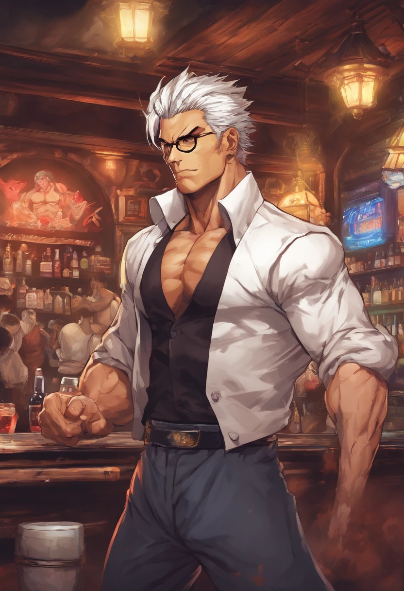 Masterpiece realistic, best high quality, perfect details, RAW Photo, intricate details, nice lighting, 4K, detailed background, big muscle, bartender minotaur, glasses, male, short hairstyle, white hair, tuxedo, behind counter, bar, smile, standing sex, stealth sex, clothe sex