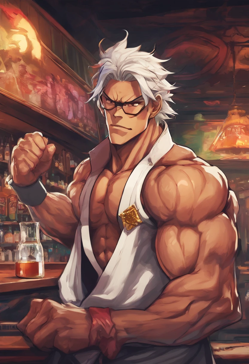 Masterpiece realistic, best high quality, perfect details, RAW Photo, intricate details, nice lighting, 4K, detailed background, big muscle, bartender minotaur, glasses, male, short hairstyle, white hair, tuxedo, behind counter, bar, smile, standing sex, stealth sex, clothe sex