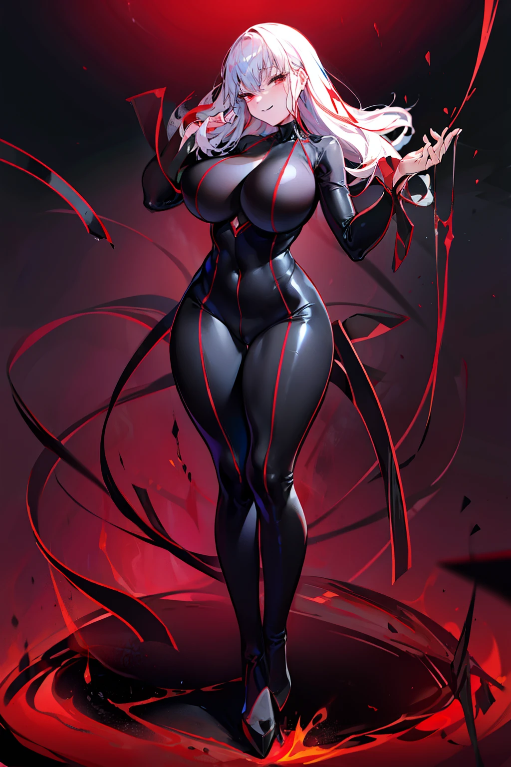 Black full body suit huge tit Big ass seductiv a smile Obscene lines Whip thighs Red lines all over the body
