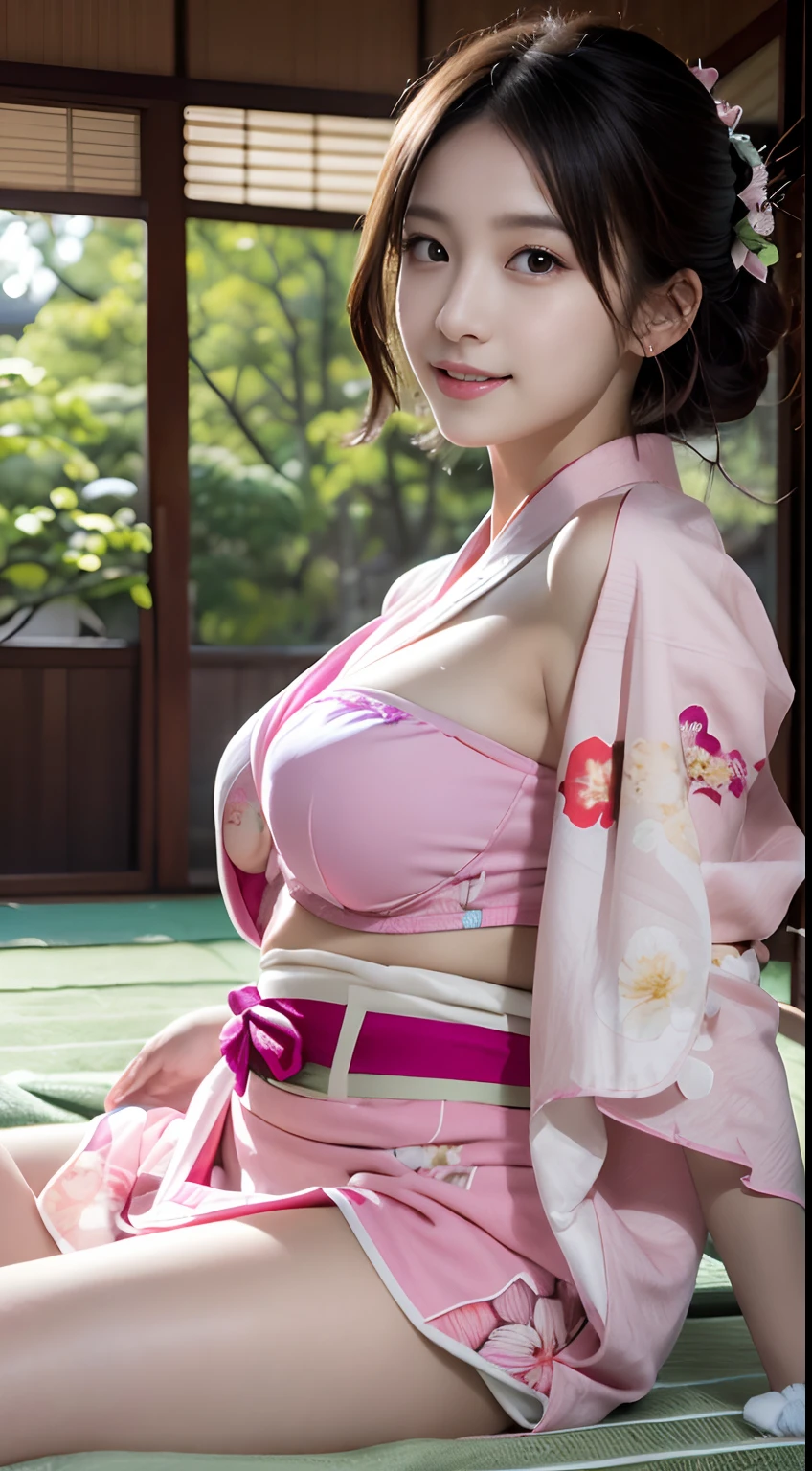 a japanese girl、Sexy body,Small body,Pink,((Kimono:1.5)),bra very、 Big breasts, Spread your legs wide, posing provocatively, Innocently,Real photos of girls、（Medium Hair:1.4）、Blonde disheveled hair、sexual excitement:2.0、Eyes closed、 masturbation、Crying with open mouth、red-lips