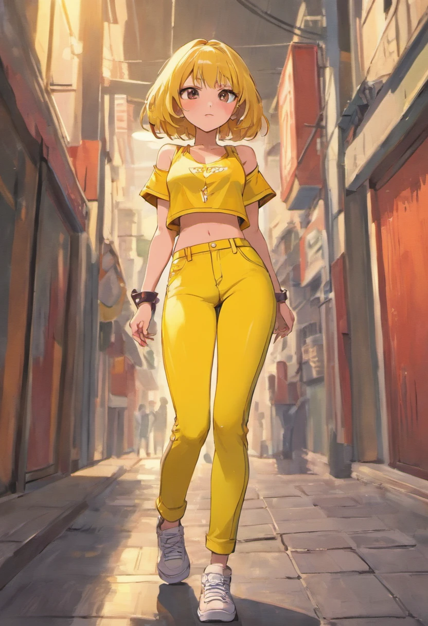 Beautiful Latina woman in sports yellow pants and yellow top standing on the sidewalk, usando regata vermelha, tanque vermelho, cintura fina, Midriff Nu, midriff exposto, usando um top cropped sexy, Encaixe figura delicada, usando uma roupa vermelha, yellow bra, tinyest midriff ever, roupas vermelhas, foto de modelo de slim