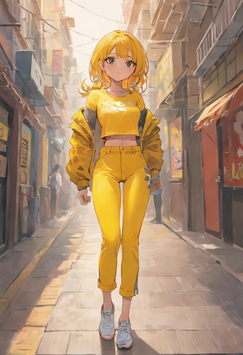 Beautiful Latina woman in sports yellow pants and yellow top standing on the sidewalk, usando regata vermelha, tanque vermelho, cintura fina, Midriff Nu, midriff exposto, usando um top cropped sexy, Encaixe figura delicada, usando uma roupa vermelha, yellow bra, tinyest midriff ever, roupas vermelhas, foto de modelo de menina slim