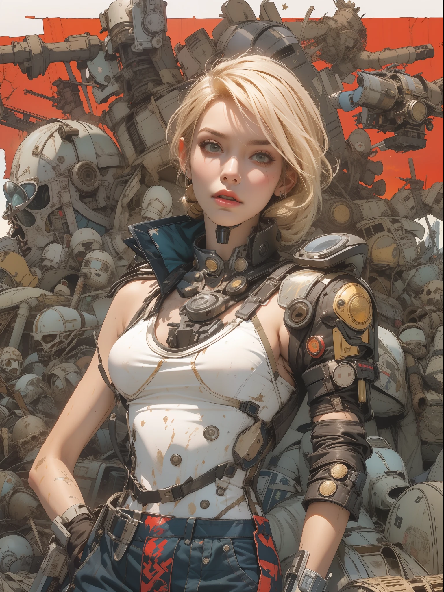 (((woman))), (((best qualityer))), (((tmasterpiece))), (((AS-Adult))), (((1girll))), ((( Bob Hairstyles ))), A 25-year-old cyberpunk gladiator with a perfect body, Shoulder pads with metal spines, Brooklyn gladiolus, (( Bob Hairstyles )), Small leather panties, Torn football team shirt, Simon Bisley, Almost naked（Simon Bisley）城市，Desolate desert，city ruins，Waste soil style，Crazy Max movie style，with short golden hair, Minimum clothing, Left arm metal protection，Has complex graphics, dark red color，White stars and white and navy blue checkerboard pattern, armure, Full of tips and rivets, (((From the knee up))), Short white blonde hair, The background is Shepard Fairley（Shepard Fairley）Painted walls of complex design，Katsuhiro Otomo style， decrepit、Abandoned and dirty environment;废墟、Desert and wilderness landscapes;rubbish、Reuse of garbage and waste，Low-tech and violent ways of survival，droid、The emergence of high-tech elements such as artificial intelligence，Doomsday wasteland style，ultra-realistic realism，highly details，intricately details，rendering by octane，trends in art station