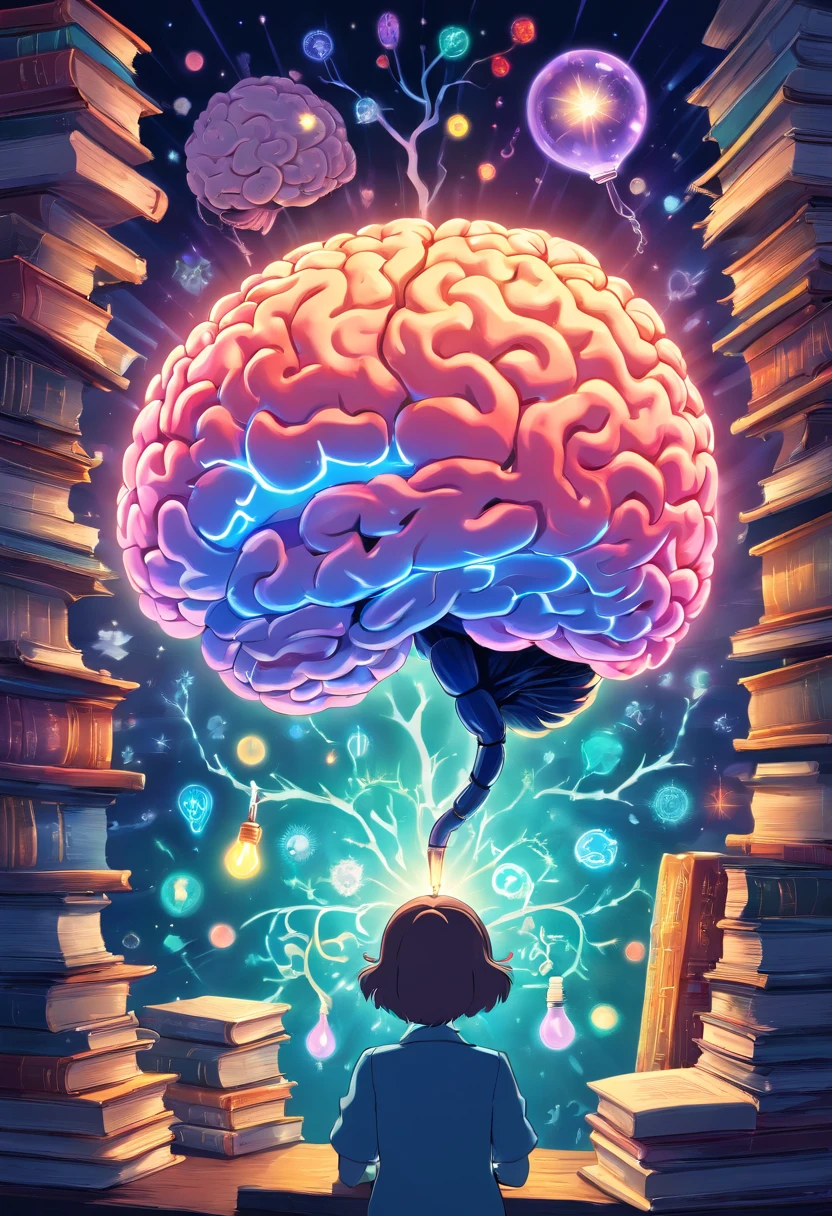 Silhouette or image of a brain with a bright spot in the center representing cognition or insight, complemented by elements symbolizing knowledge and learning, such as books or a light bulb.