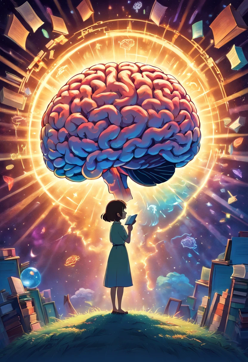 Silhouette or image of a brain with a bright spot in the center representing cognition or insight, complemented by elements symbolizing knowledge and learning, such as books or a light bulb.